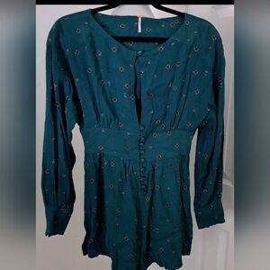 Free People Teal Floral Medallion Long Sleeve Button Waist Romper XS